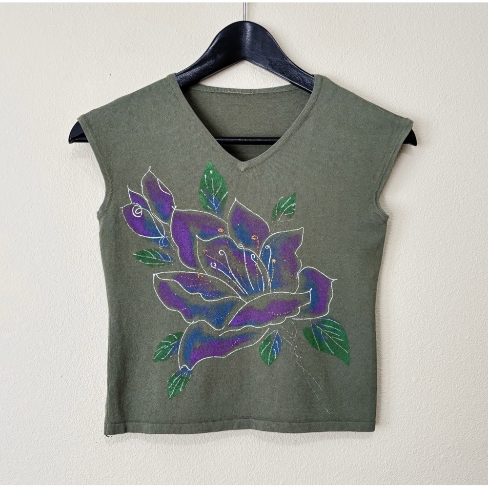 Hand painted Olive Green V-Neck knit Tank with Purple Floral Print